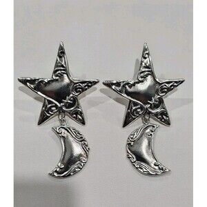 Vintage Sterling Silver Moon And Star Dangle Earrings 925